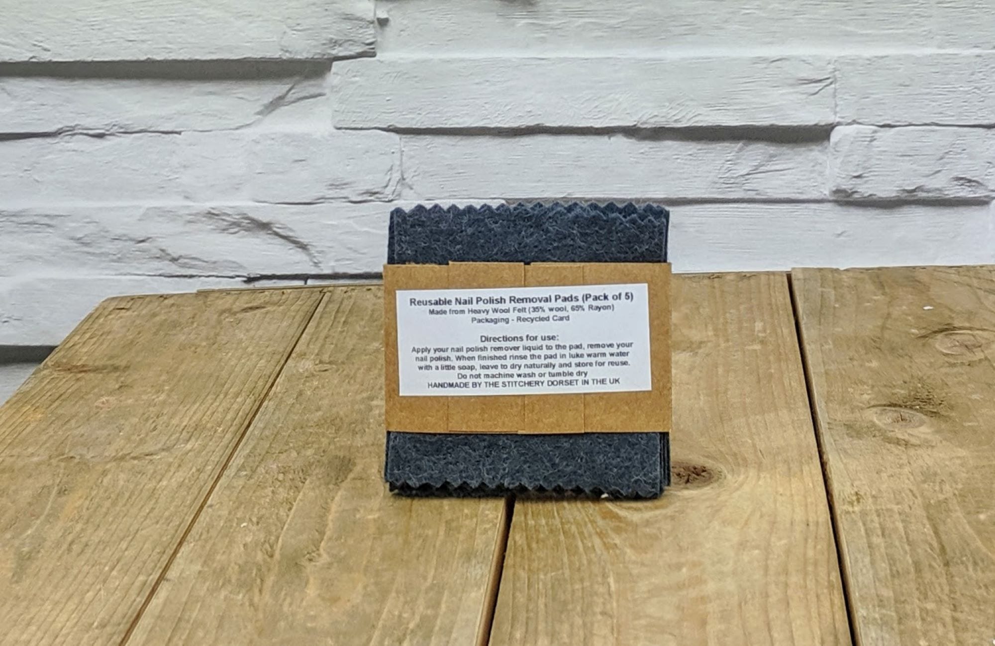 Reusable Nail Polish Remover Pad. Pack of 5 Charcoal Grey Woolfelt Wipes.  This is an Organic, Compostable product Handmade in Dorset – The Stitchery  Dorset